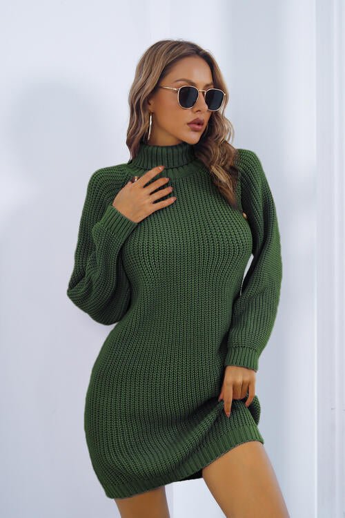 Buttoned Turtleneck Long Sleeve Sweater Dress - GemThreads Boutique