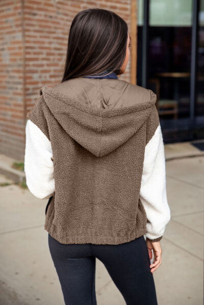 Fuzzy Zip-Up Drawstring Hooded Jacket in Coffee Brown - Cozy and stylish outerwear for all sizes, available in small, medium, large, and extra-large.