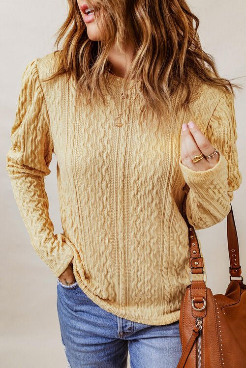 Cable-Knit Round Neck Long Sleeve Blouse - GemThreads Boutique