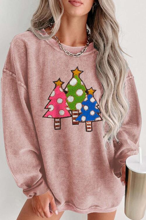 Christmas Tree Round Neck Drop Shoulder Sweatshirt - GemThreads Boutique