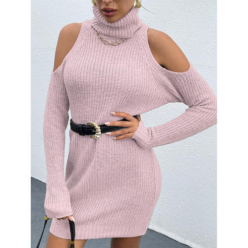 Cold Shoulder Turtleneck Sweater Dress - GemThreads Boutique