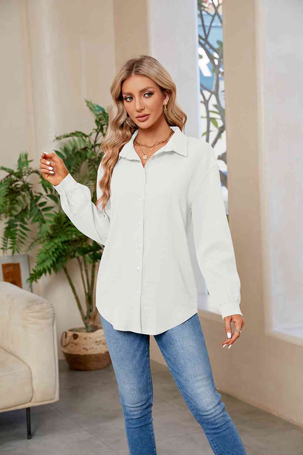 Collared Neck Buttoned Long Sleeve Shirt - GemThreads Boutique