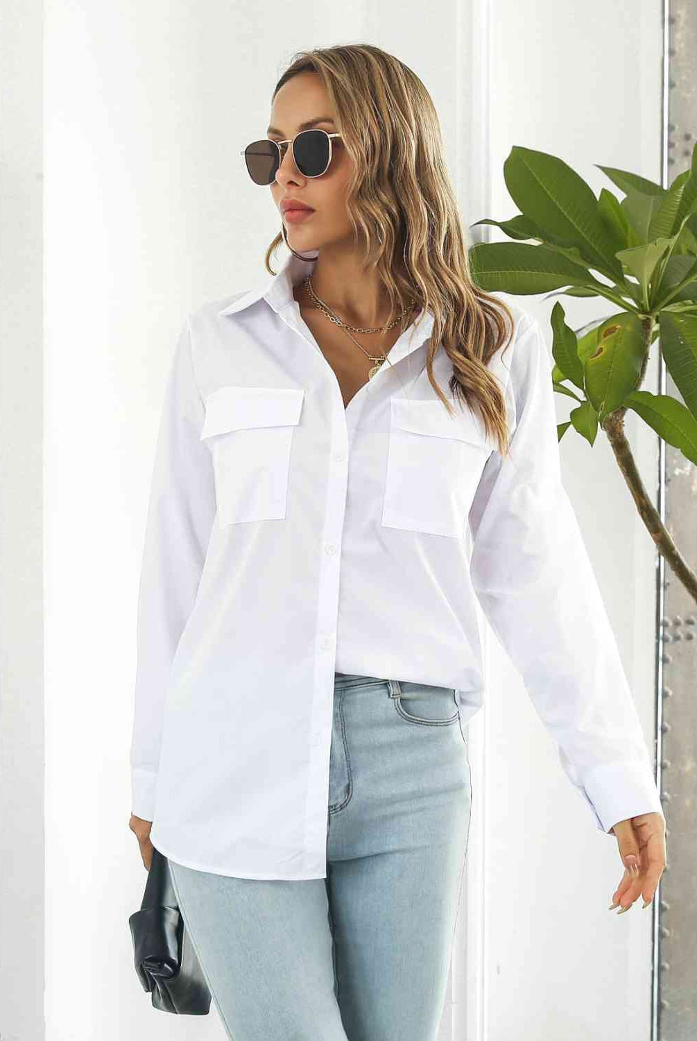 Collared Neck Buttoned Shirt with Pockets - GemThreads Boutique Collared Neck Buttoned Shirt with Pockets