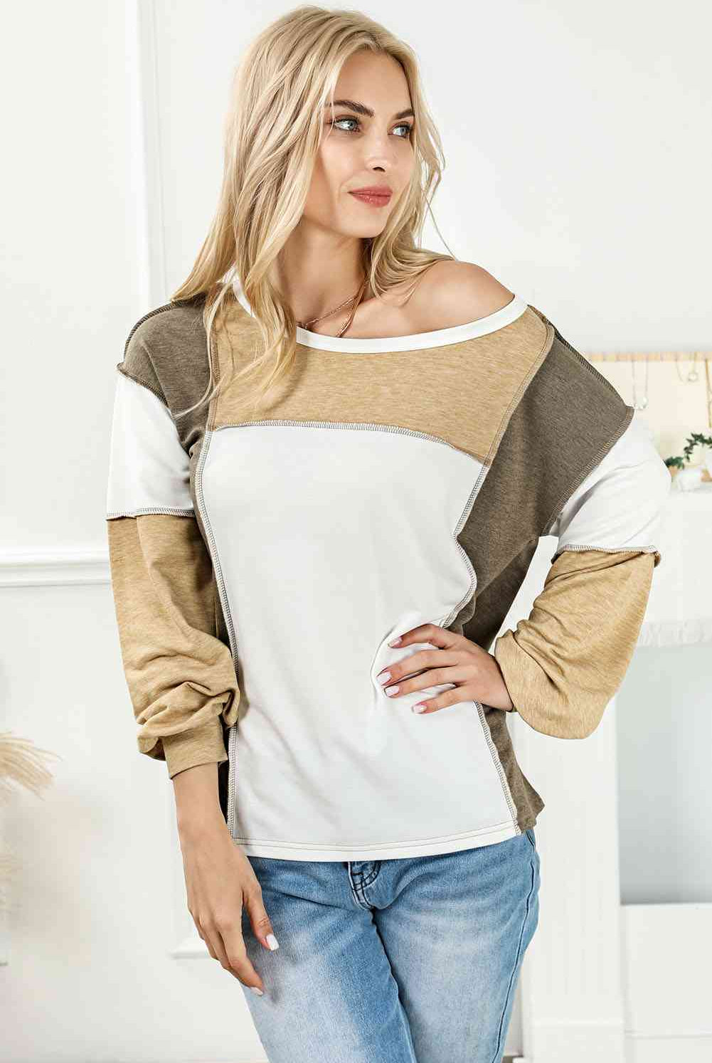 Color Block Exposed Seam Boat Neck Top - GemThreads Boutique