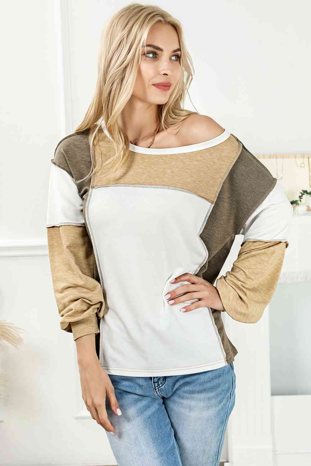Color Block Exposed Seam Boat Neck Top - GemThreads Boutique