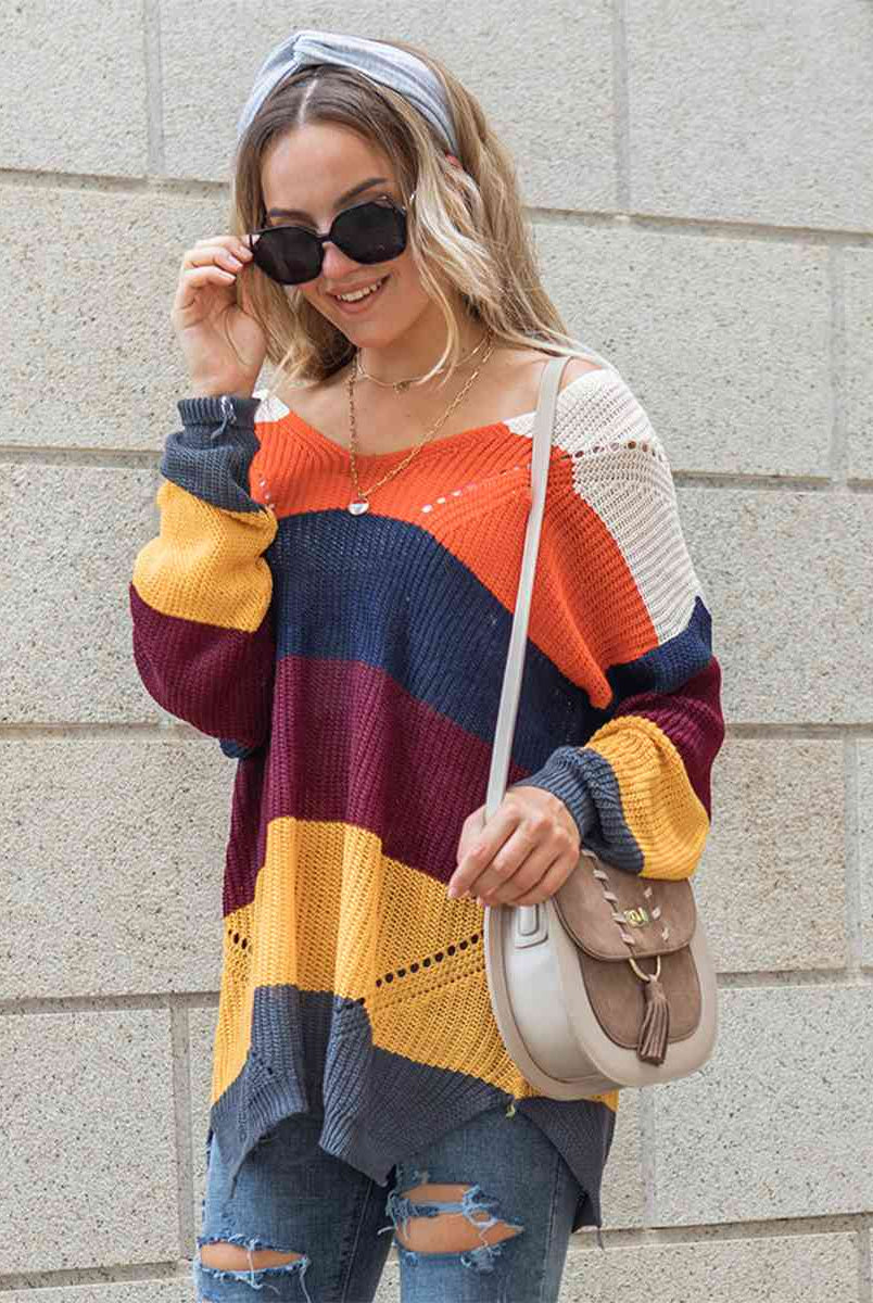 Color Block Openwork Long Sleeve Sweater - GemThreads Boutique