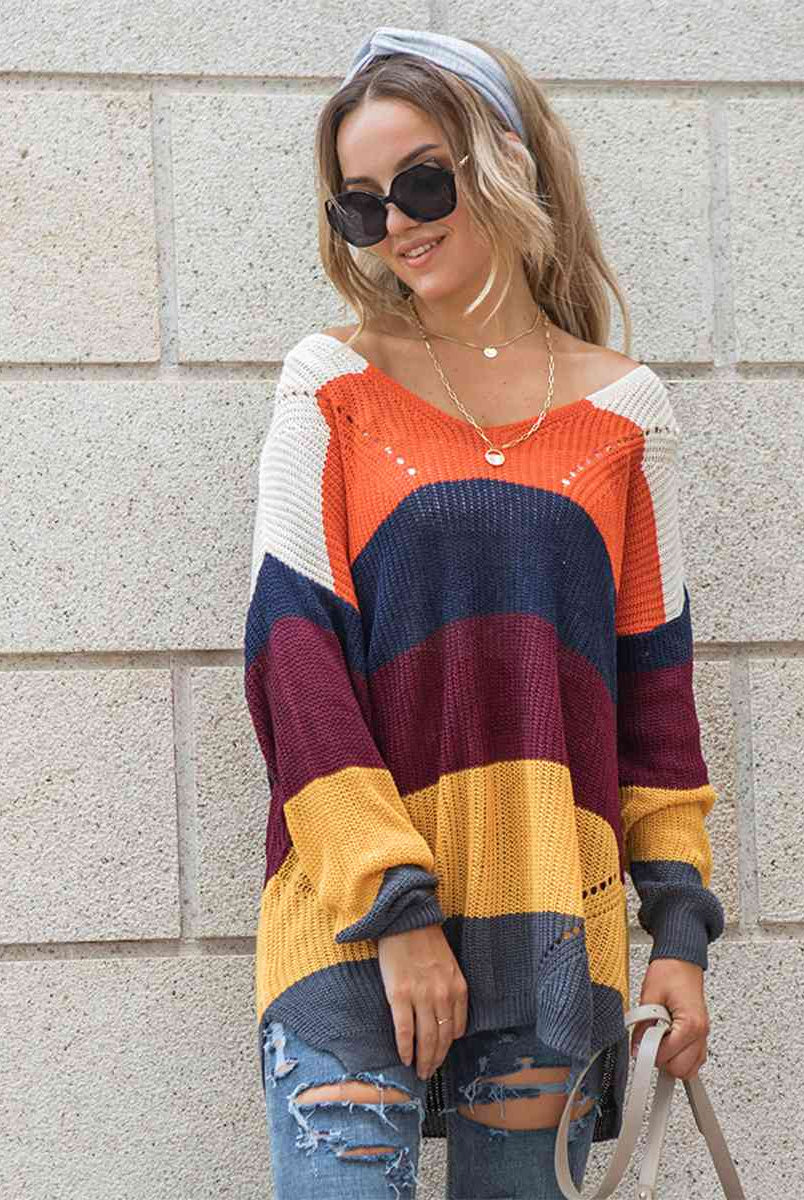 Color Block Openwork Long Sleeve Sweater - GemThreads Boutique