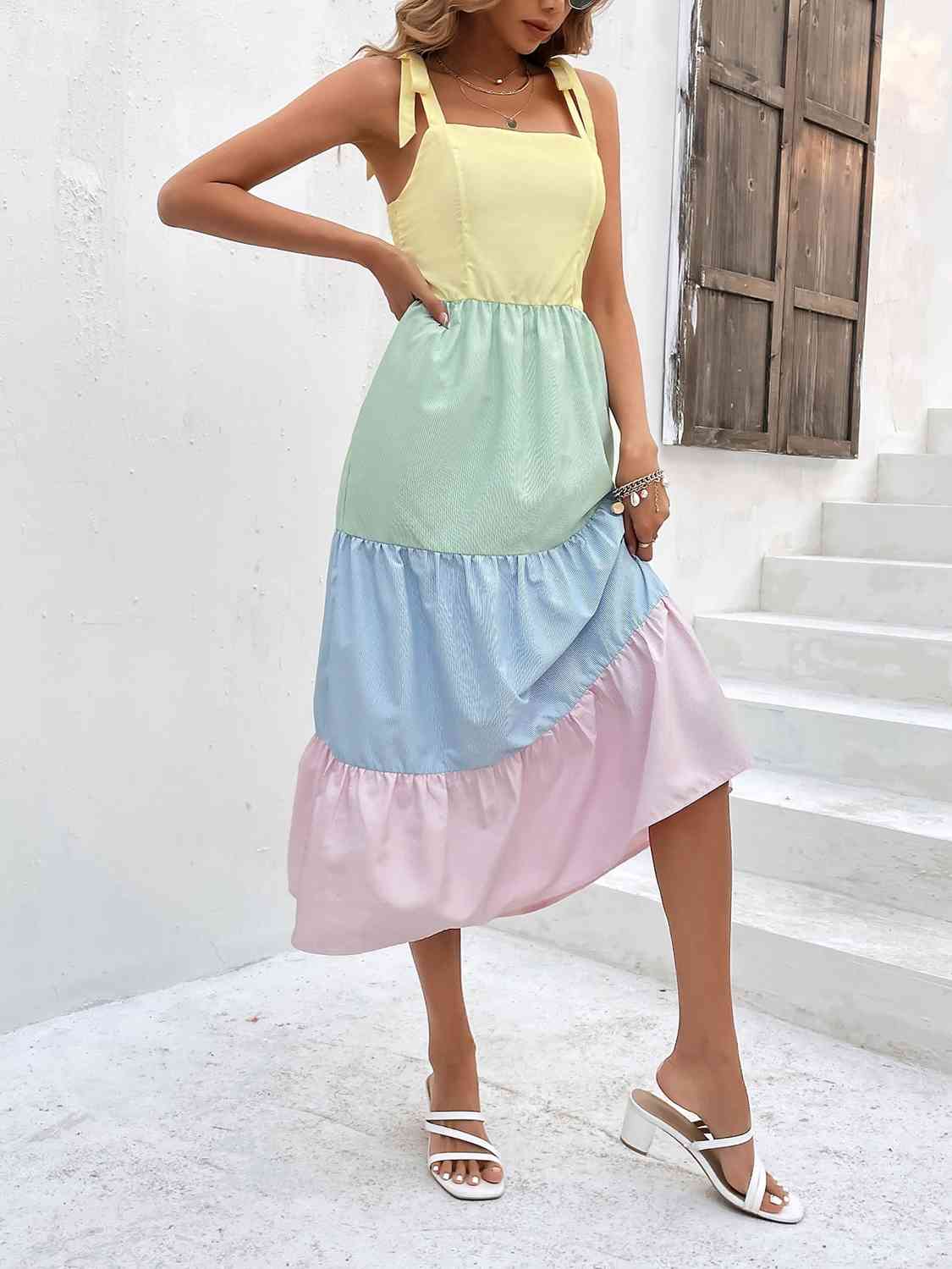 Color Block Tie-Shoulder Tiered Midi Dress - GemThreads Boutique