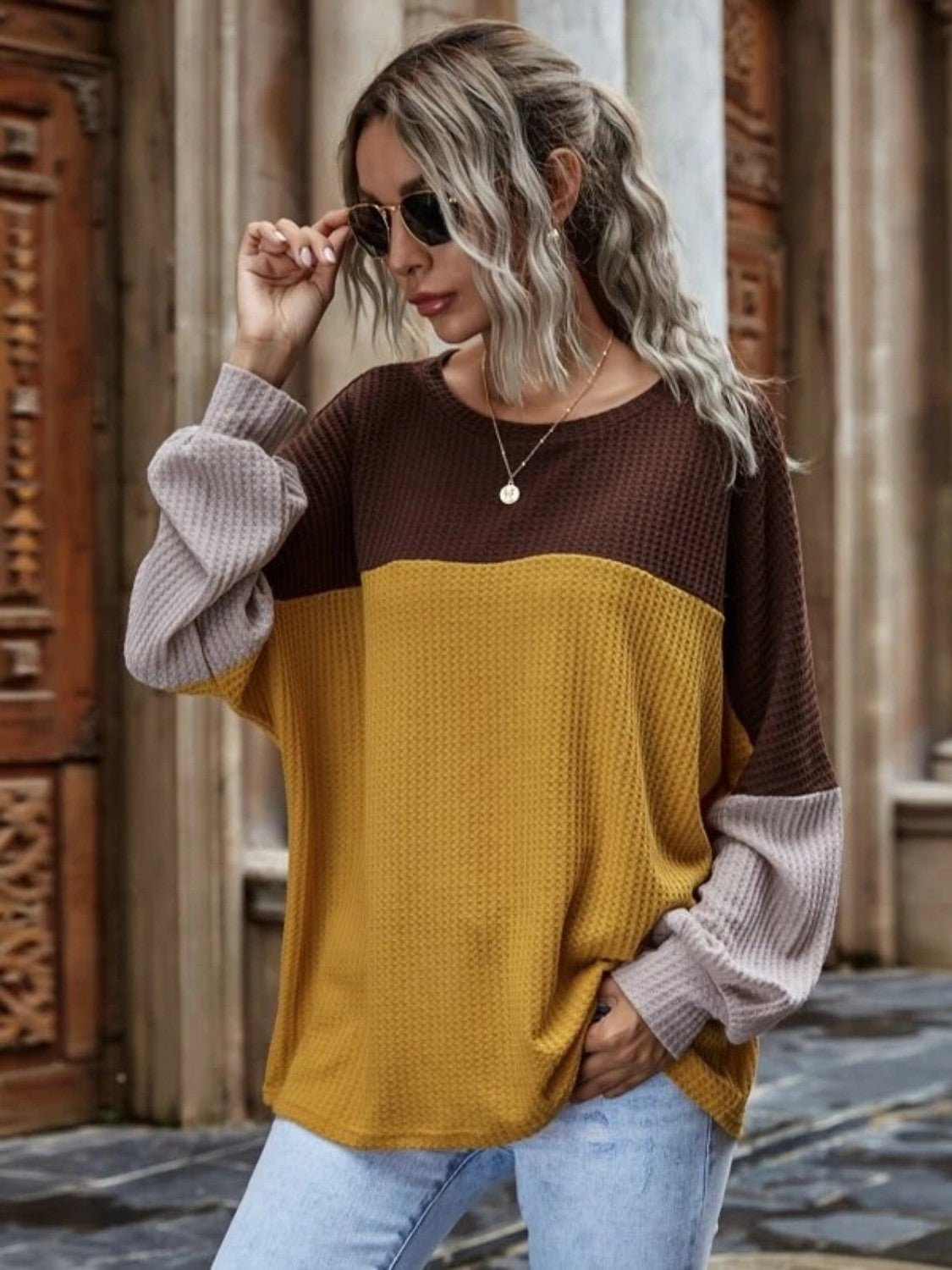 Color Block Waffle-Knit Long Sleeve Top - GemThreads Boutique