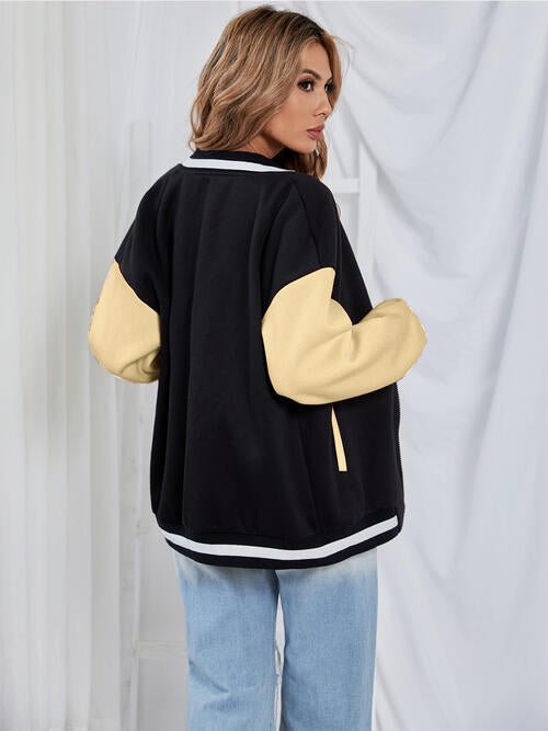 Contrast Baseball Collar Zip-Up Jacket - GemThreads Boutique