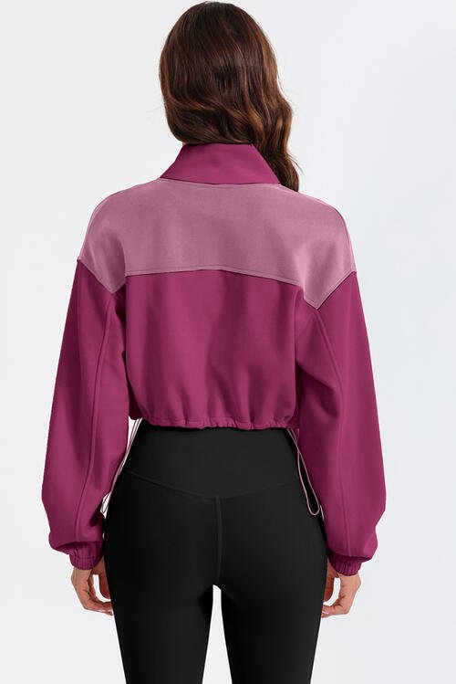 Contrast Drawstring Zip Up Jacket - GemThreads Boutique