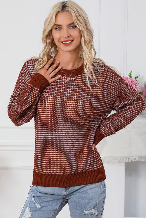 Contrast Round Neck Fashionable Long Sleeve Top Sweater - GemThreads Boutique Contrast Round Neck Fashionable Long Sleeve Top Sweater