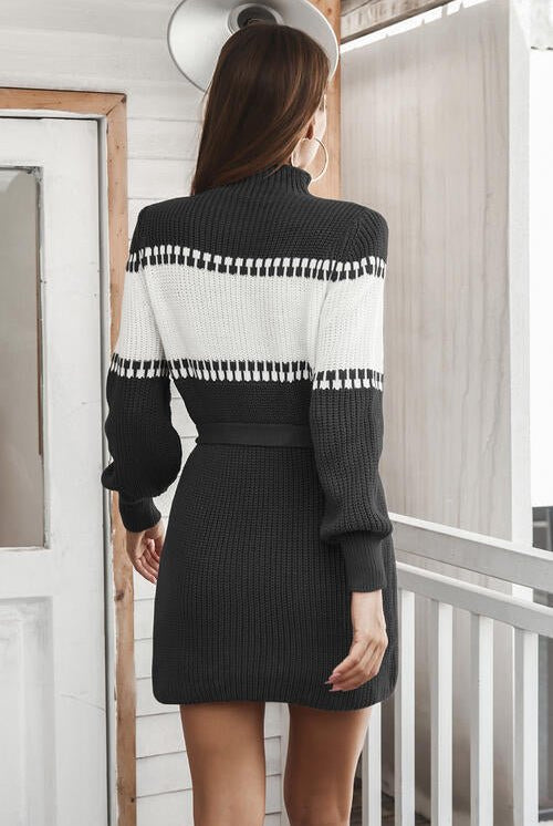 Contrast Tie Front Long Sleeve Sweater Dress - GemThreads Boutique
