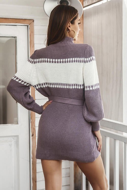 Contrast Tie Front Long Sleeve Sweater Dress - GemThreads Boutique