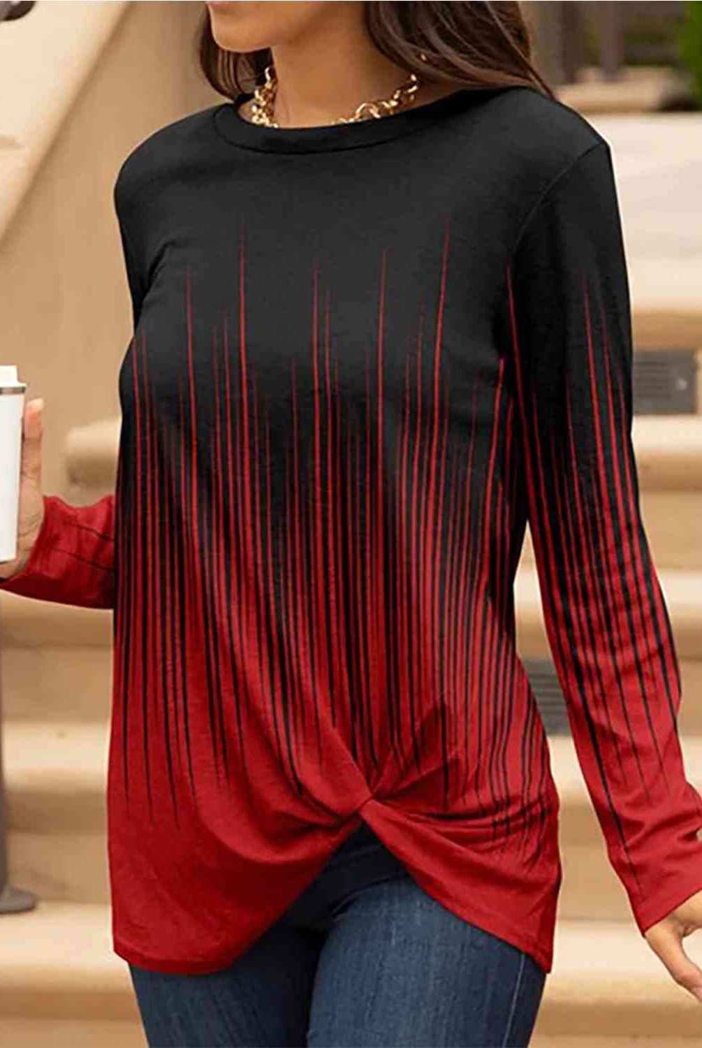 Contrast Twisted Round Neck Long Sleeve T-Shirt - GemThreads Boutique