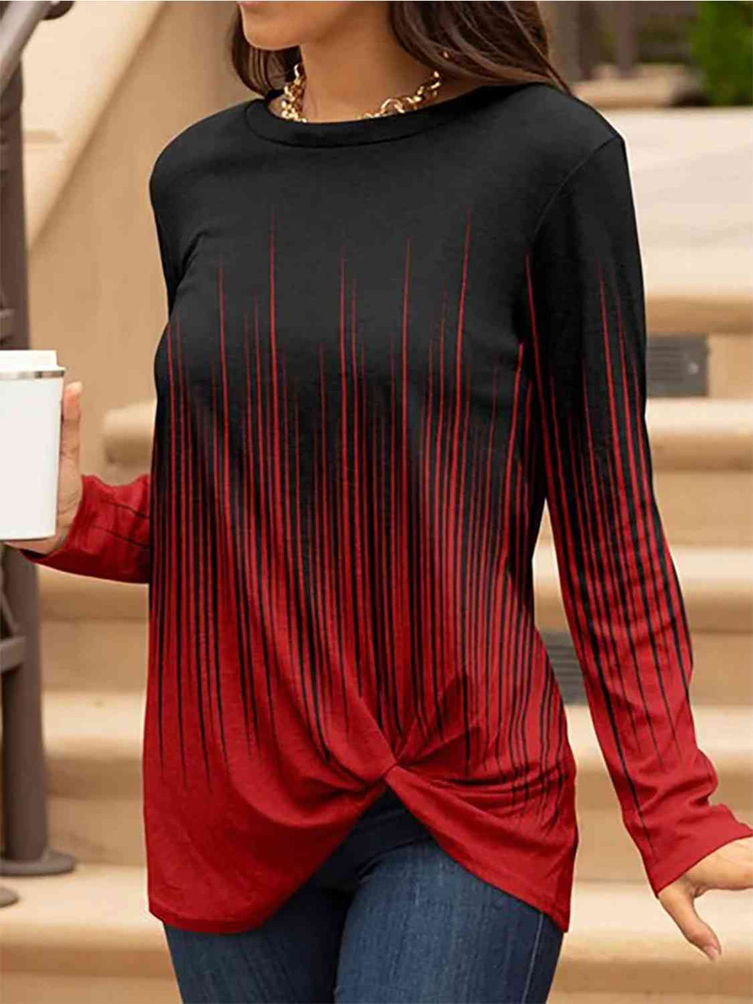 Contrast Twisted Round Neck Long Sleeve T-Shirt - GemThreads Boutique