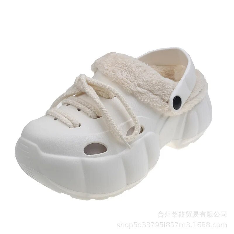 Croc Thick-soled Cotton Slippers Women Winter Velvet Hole Shoes Women White Baotou Slippers Plus Velvet Warm Two Slippers Women - GemThreads Boutique