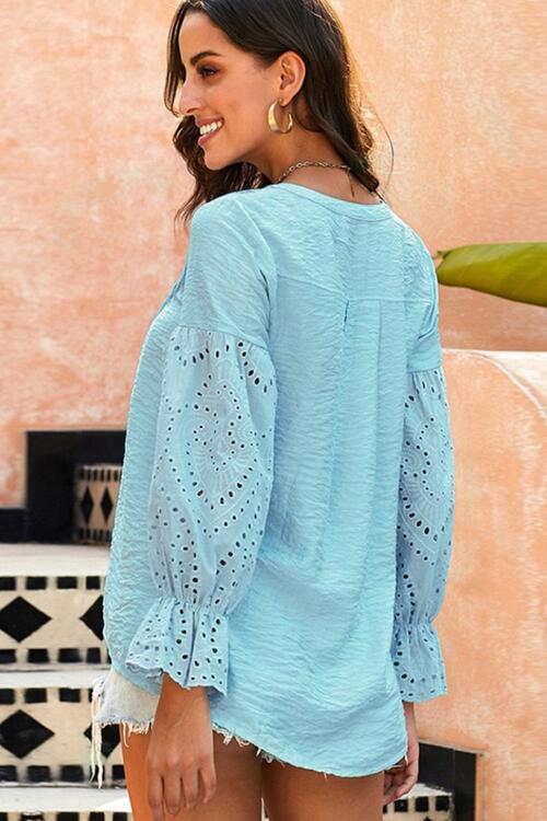 Crochet Flounce Sleeve Button Up Blouse - GemThreads Boutique