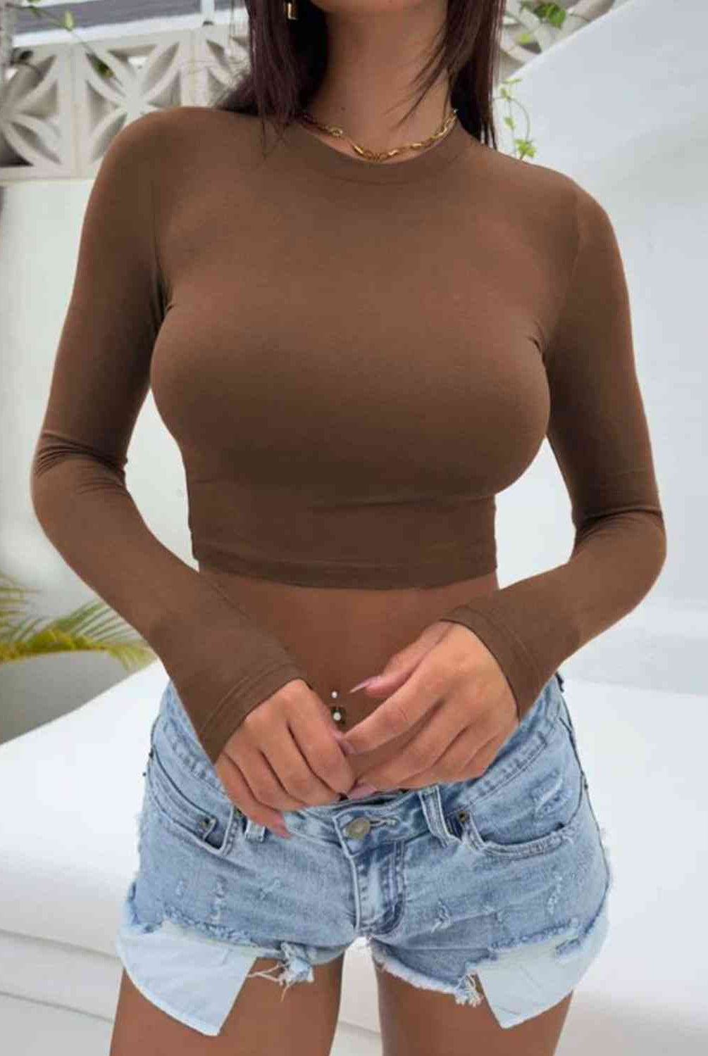 Cropped Round Neck Long Sleeve Top - GemThreads Boutique