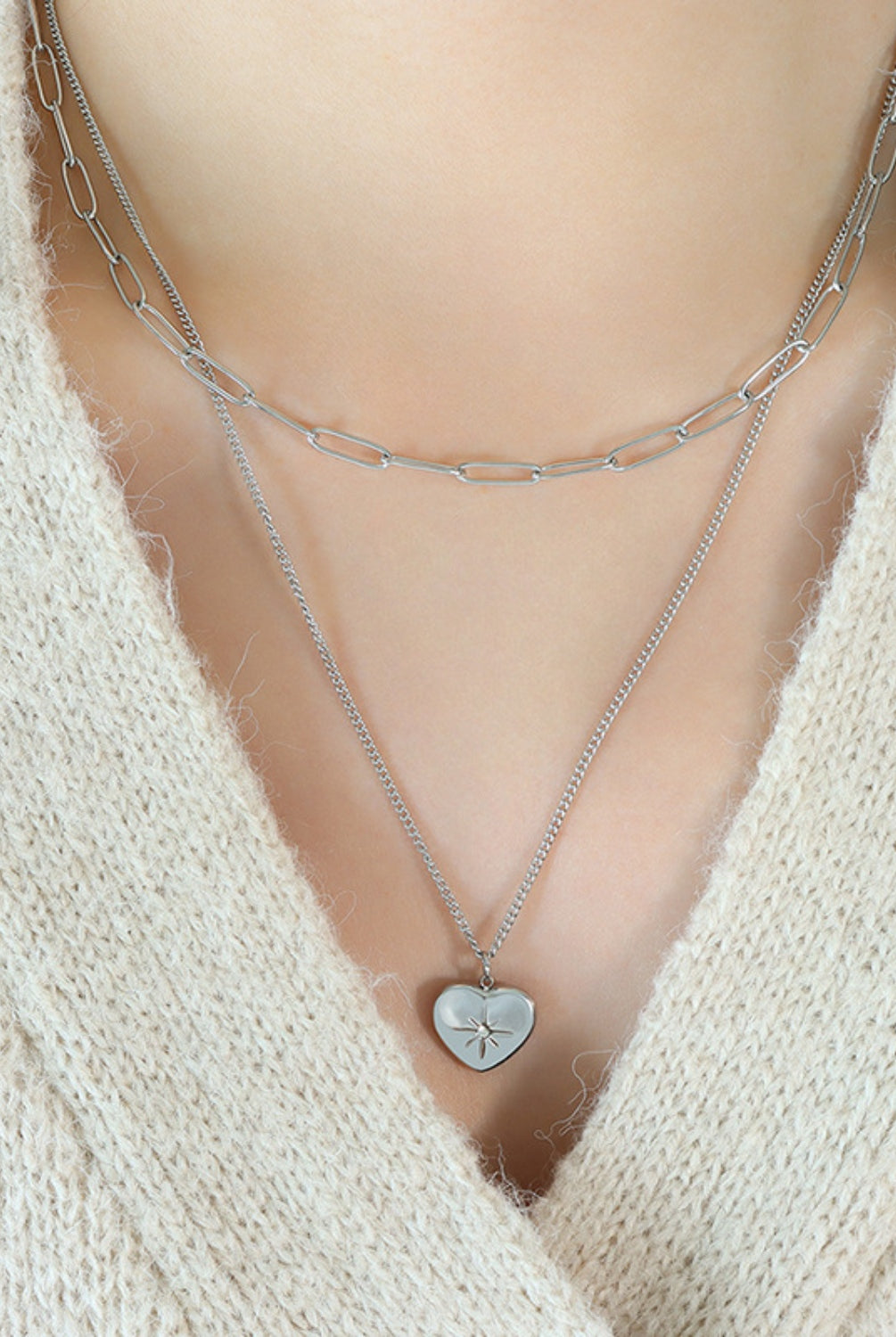 Inlaid Zircon Double Layered Heart Pendant Necklace - GemThreads Boutique Inlaid Zircon Double Layered Heart Pendant Necklace
