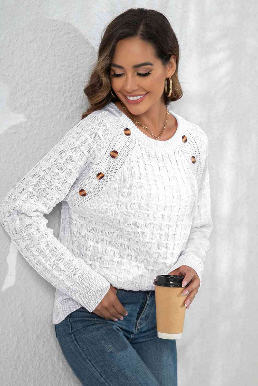 Decorative Button Long Sleeve Sweater - GemThreads Boutique