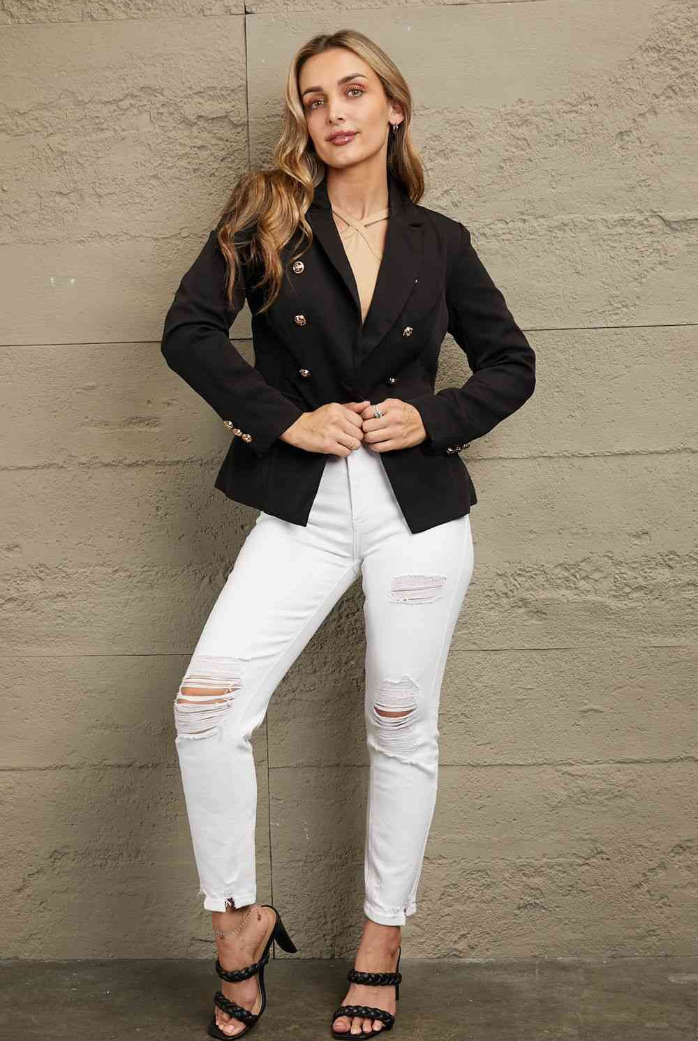 Double Take Double-Breasted Padded Shoulder Blazer - GemThreads Boutique