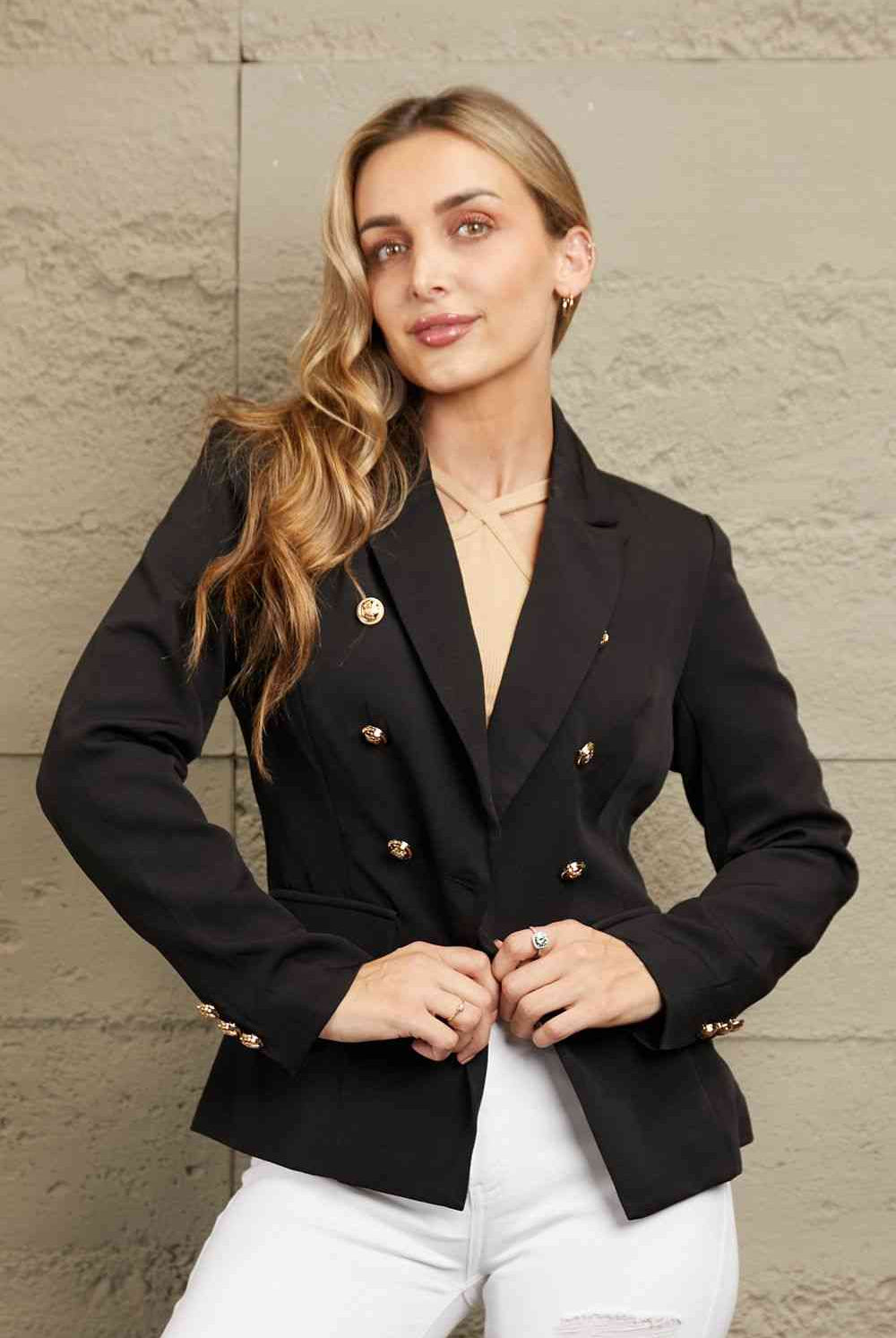 Double Take Double-Breasted Padded Shoulder Blazer - GemThreads Boutique
