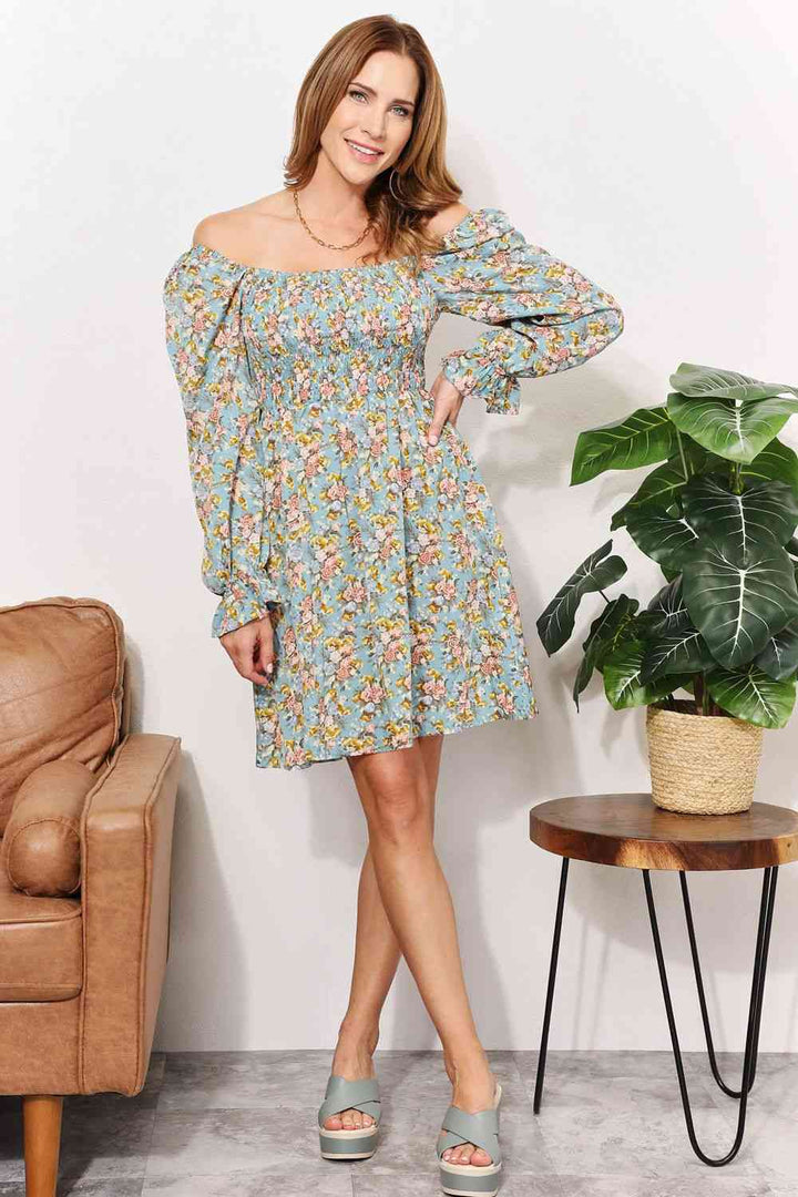 Double Take Floral Smocked Flounce Sleeve Square Neck Dress - GemThreads Boutique