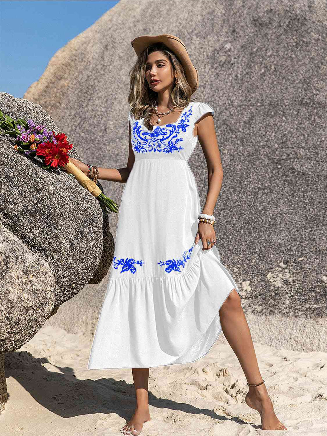 Embroidered Square Neck Ruffle Hem Dress - GemThreads Boutique