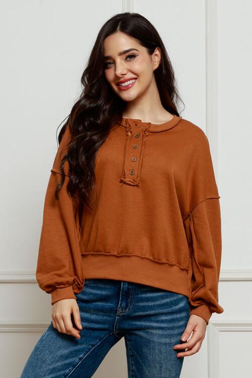 Exposed Seam Half Button Long Sleeve Sweatshirt - GemThreads Boutique