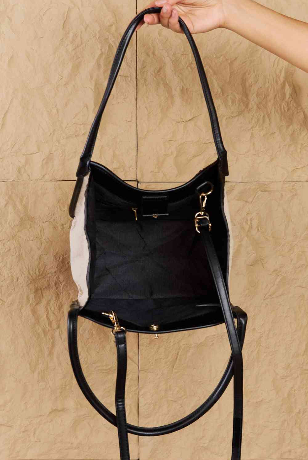 Fame Beach Chic Faux Leather Trim Tote Bag in Black - GemThreads Boutique