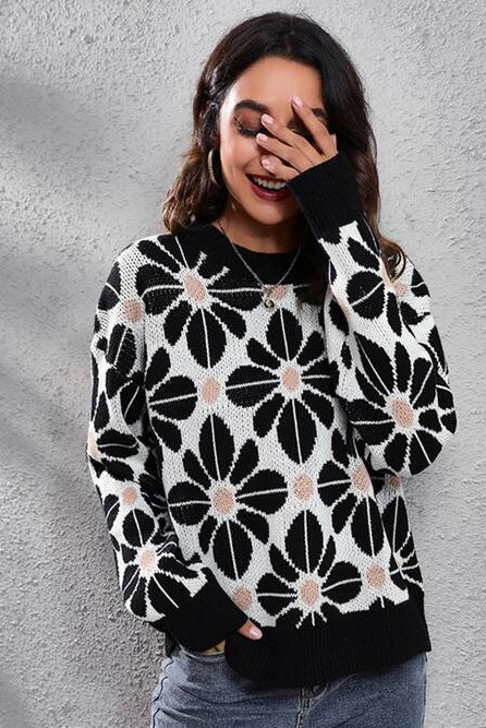 Floral Round Neck Long Sleeve Sweater - GemThreads Boutique