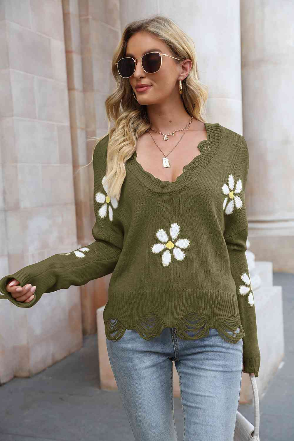 Flower Distressed Long Sleeve Sweater - GemThreads Boutique