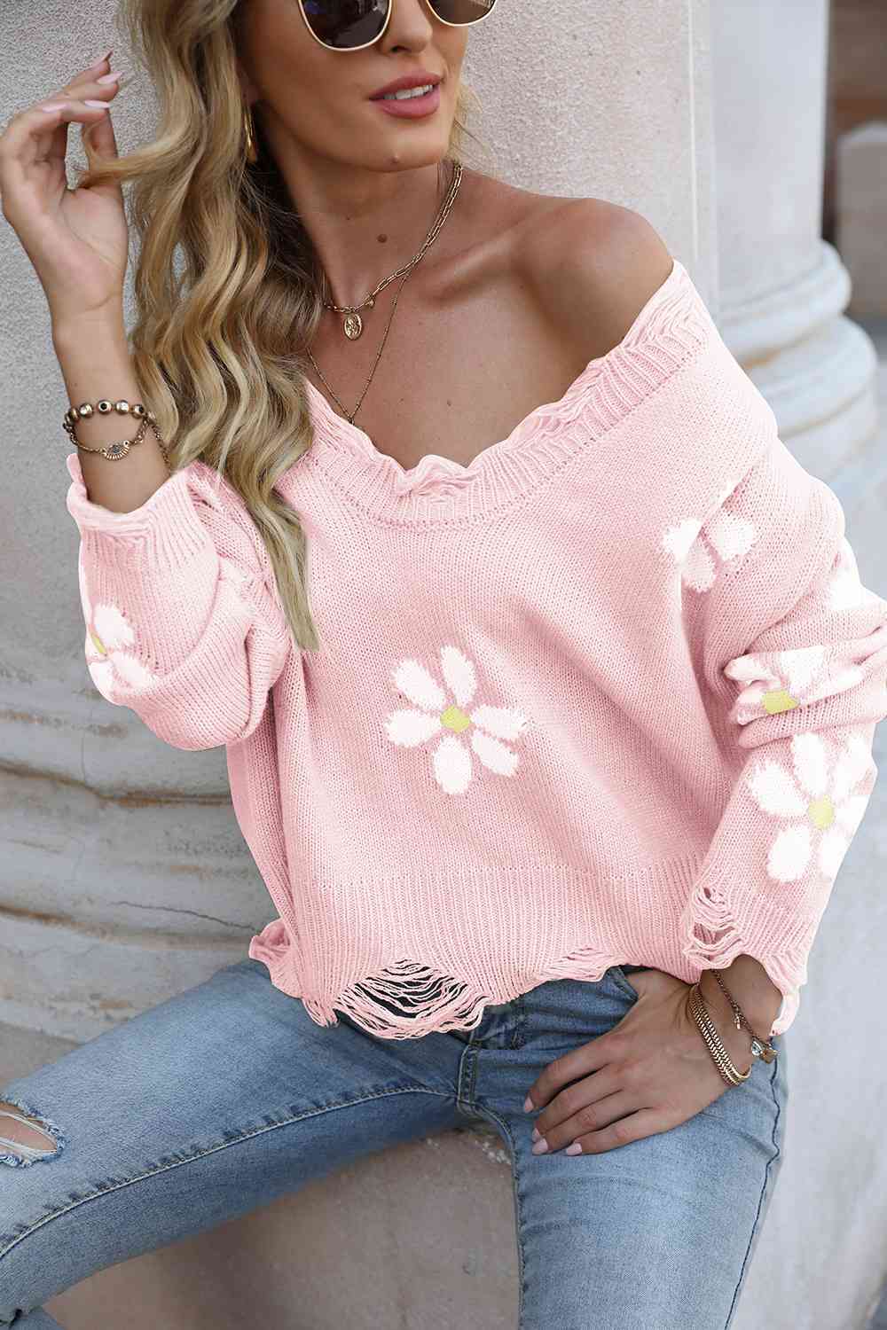 Flower Distressed Long Sleeve Sweater - GemThreads Boutique