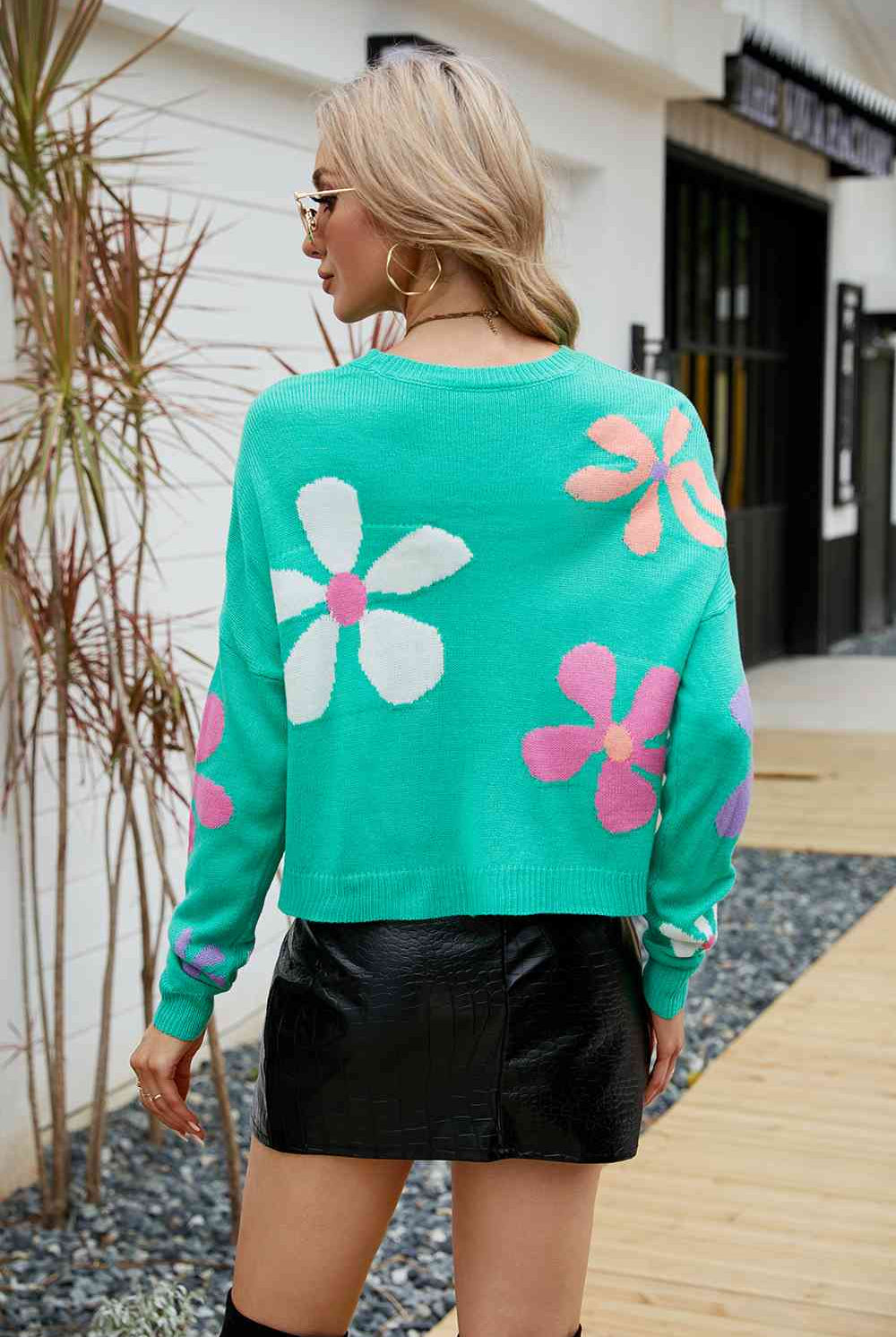 Flower Round Neck Drop Shoulder Sweater - GemThreads Boutique
