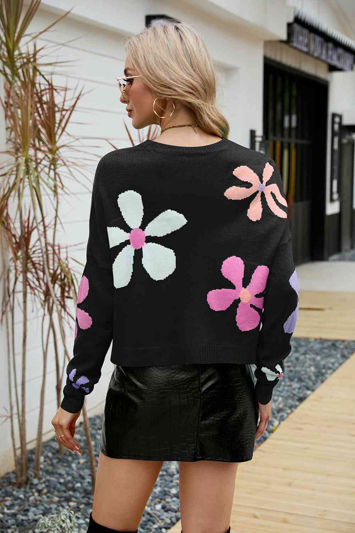Flower Round Neck Drop Shoulder Sweater - GemThreads Boutique