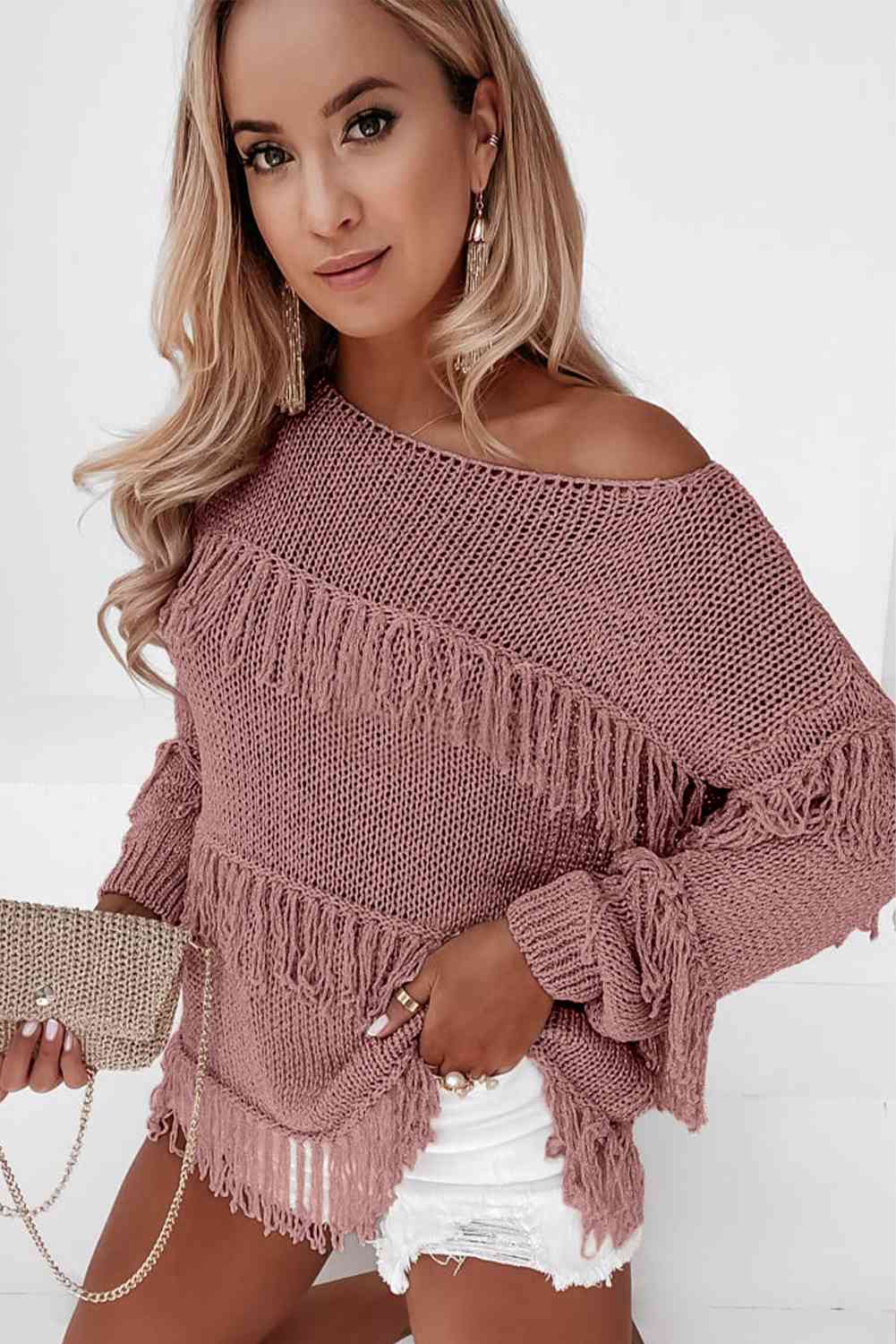 Fringe Detail Long Sleeve Sweater - GemThreads Boutique