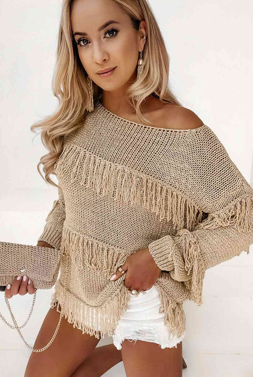 Fringe Detail Long Sleeve Sweater - GemThreads Boutique Fringe Detail Long Sleeve Sweater