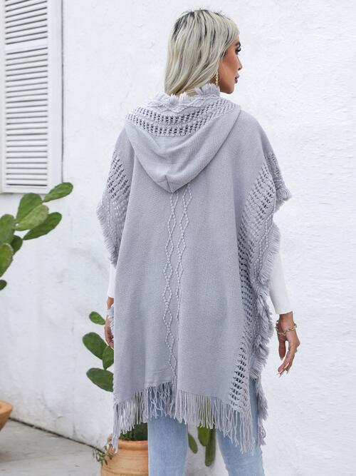 Fringe Trim Buttoned Hooded Poncho - GemThreads Boutique