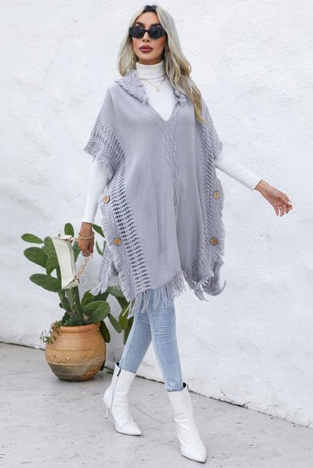 Fringe Trim Buttoned Hooded Poncho - GemThreads Boutique