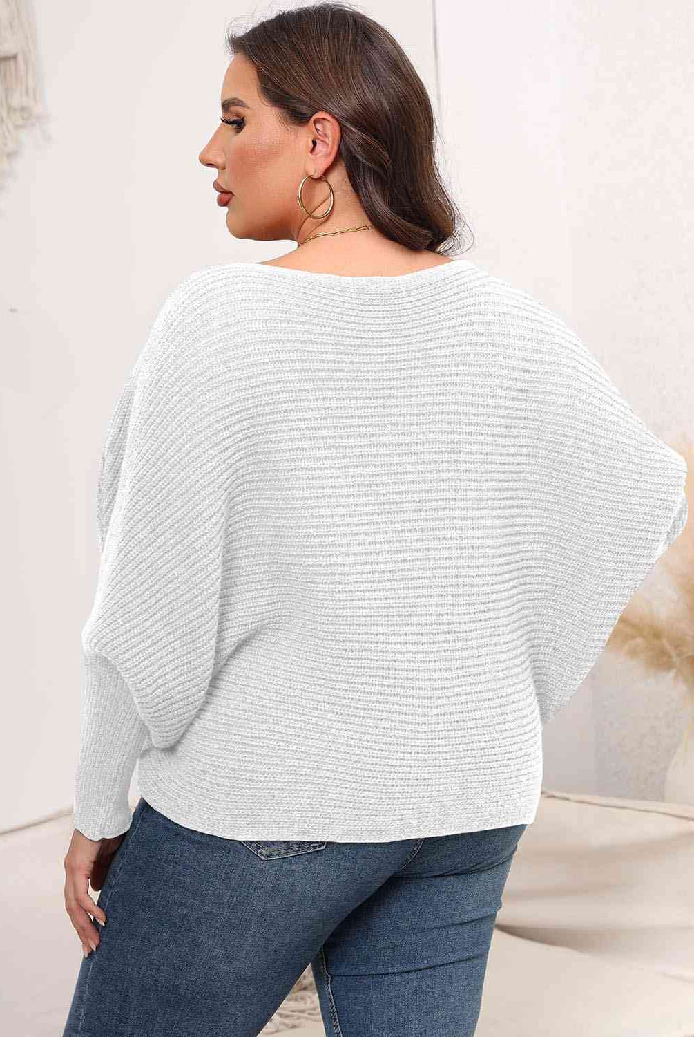 Full Size Boat Neck Batwing Sleeve Sweater - GemThreads Boutique