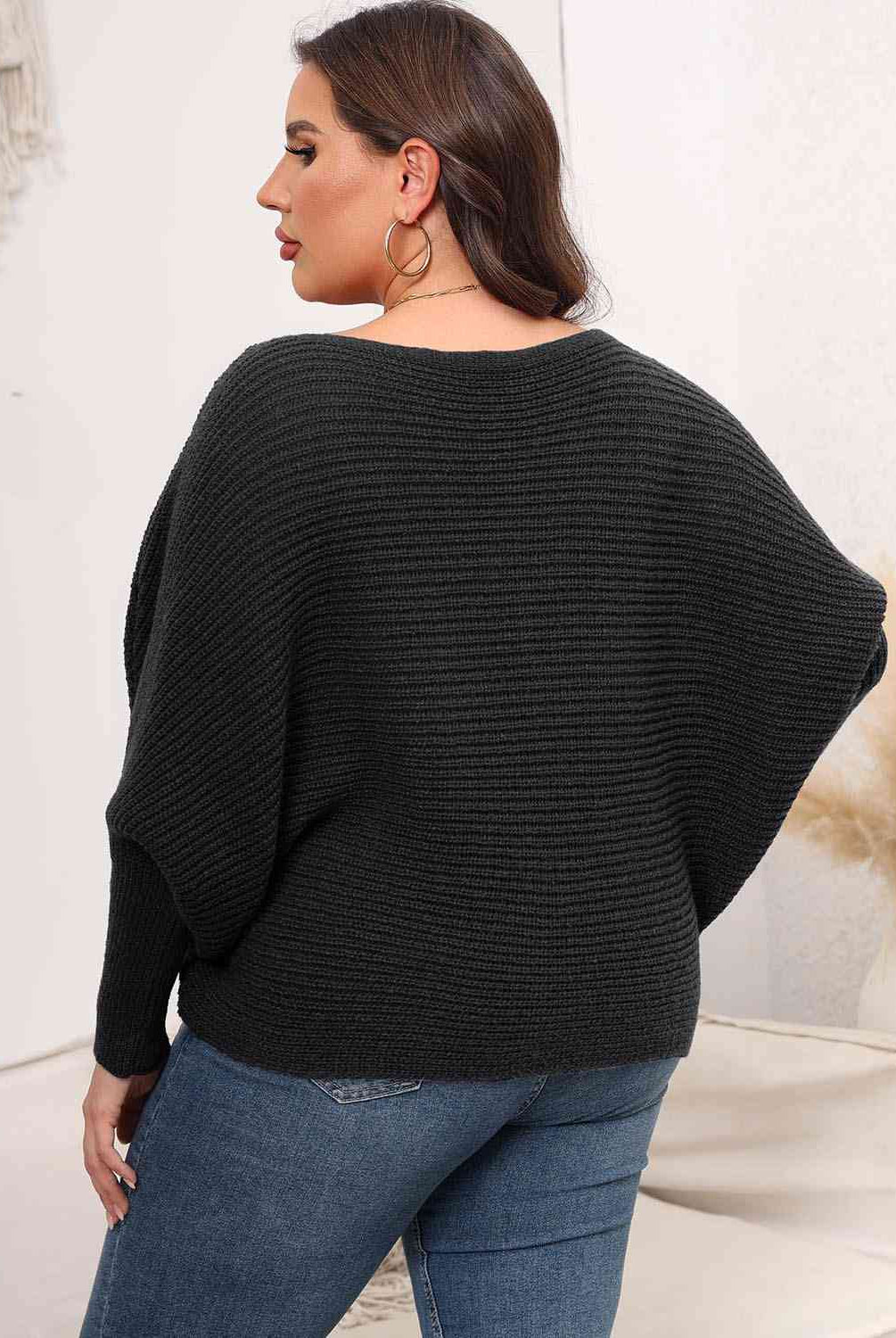 Full Size Boat Neck Batwing Sleeve Sweater - GemThreads Boutique