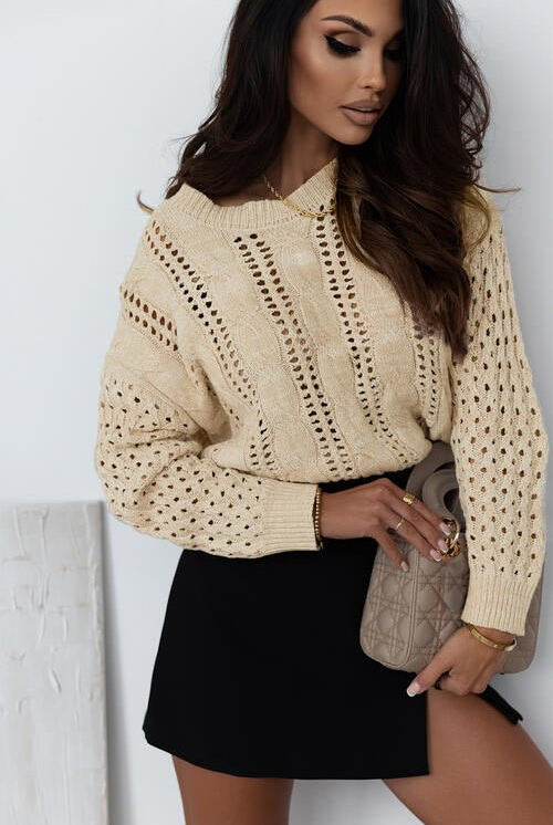 Full Size Openwork Cable-Knit Round Neck Knit Top - GemThreads Boutique