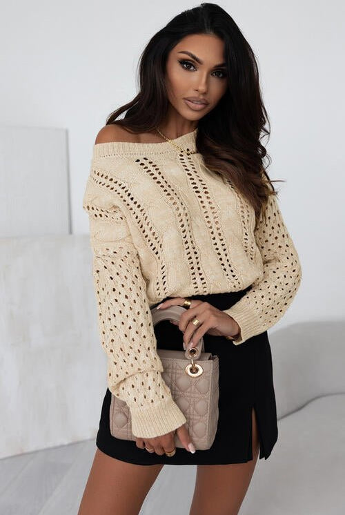 Full Size Openwork Cable-Knit Round Neck Knit Top - GemThreads Boutique