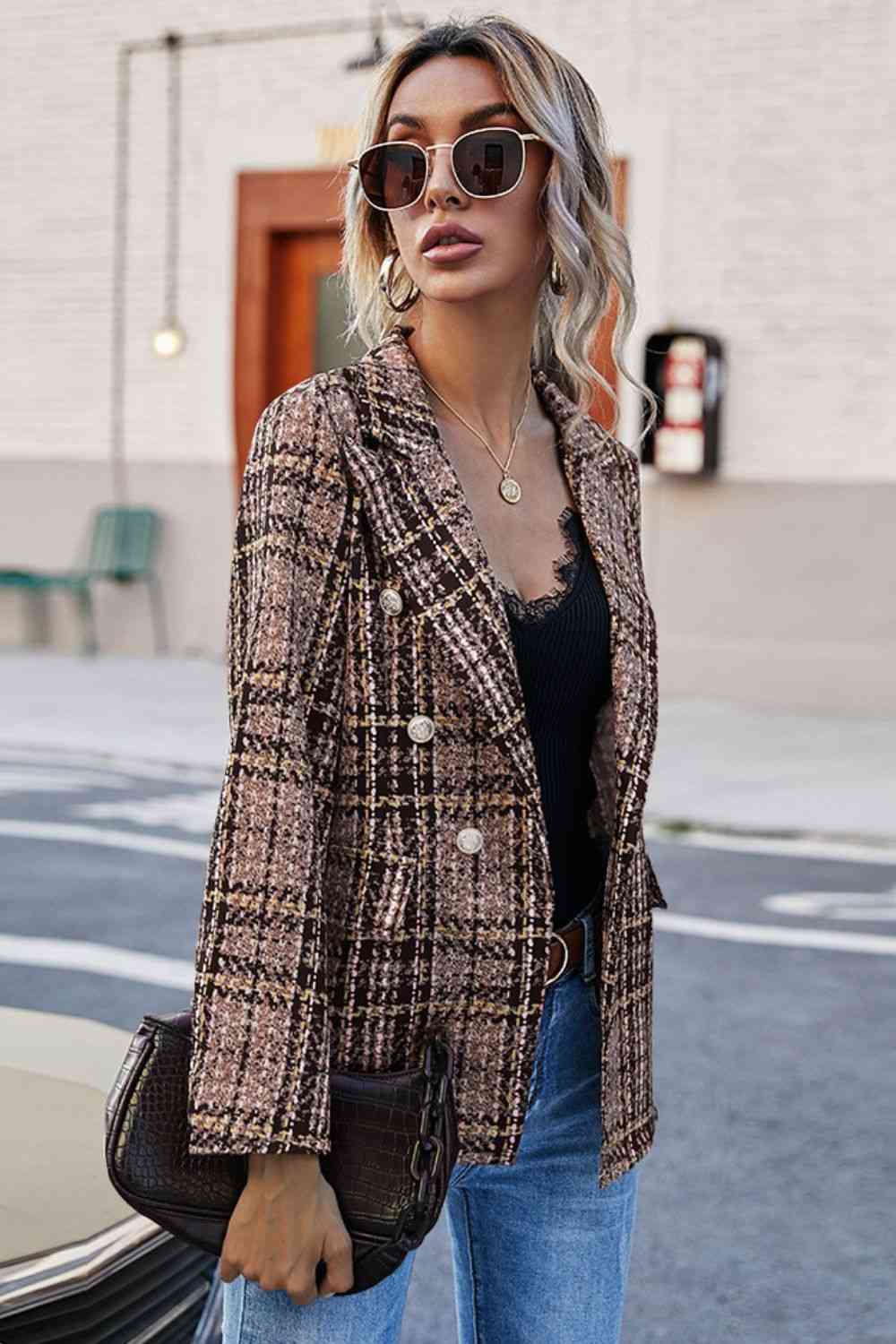 Full Size Plaid Buttoned Blazer - GemThreads Boutique