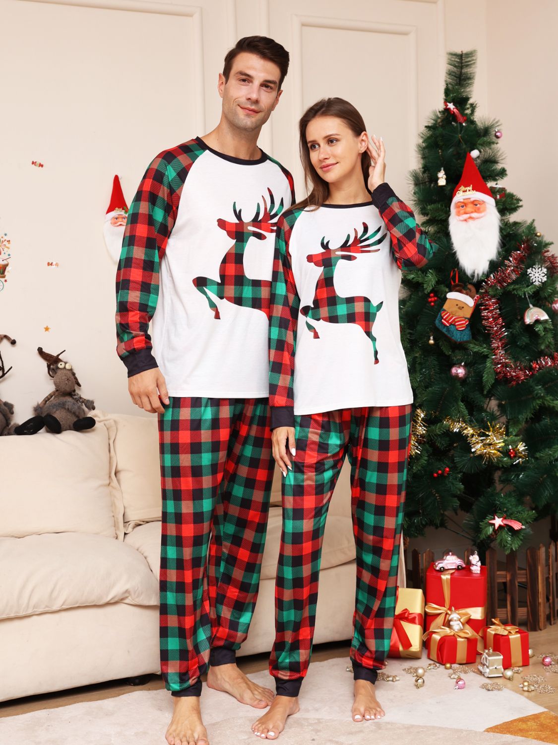 Full Size Reindeer Graphic Top and Plaid Pants Set - GemThreads Boutique