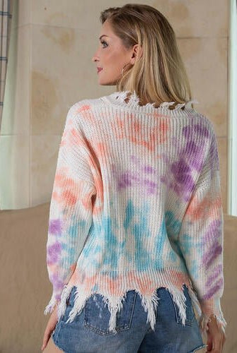 Gradient Frayed Trim Long Sleeve Sweater - GemThreads Boutique