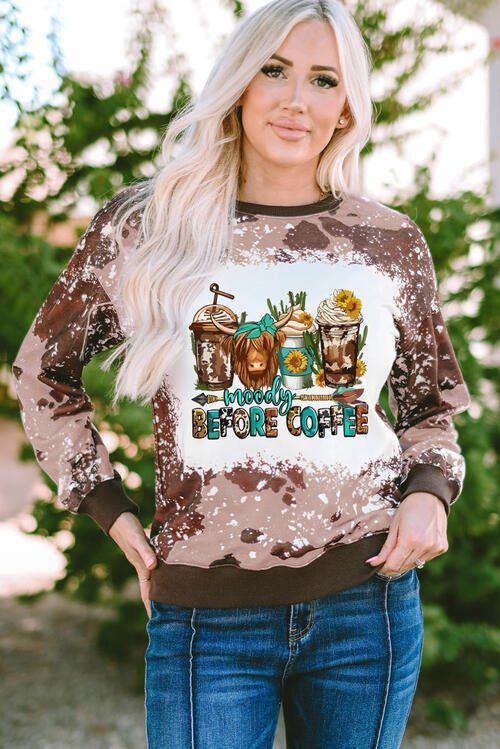 Graphic Round Neck MOODY BEFORE COFFEE Long Sleeve Sweatshirt - GemThreads Boutique