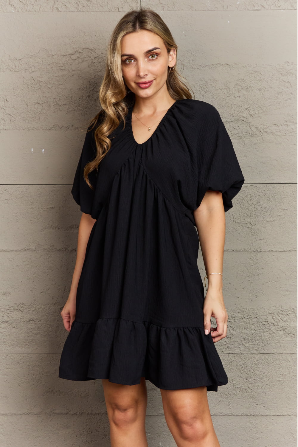 Hailey & Co Comfort Cutie Double V-Neck Puff Sleeve Mini Dress - GemThreads Boutique