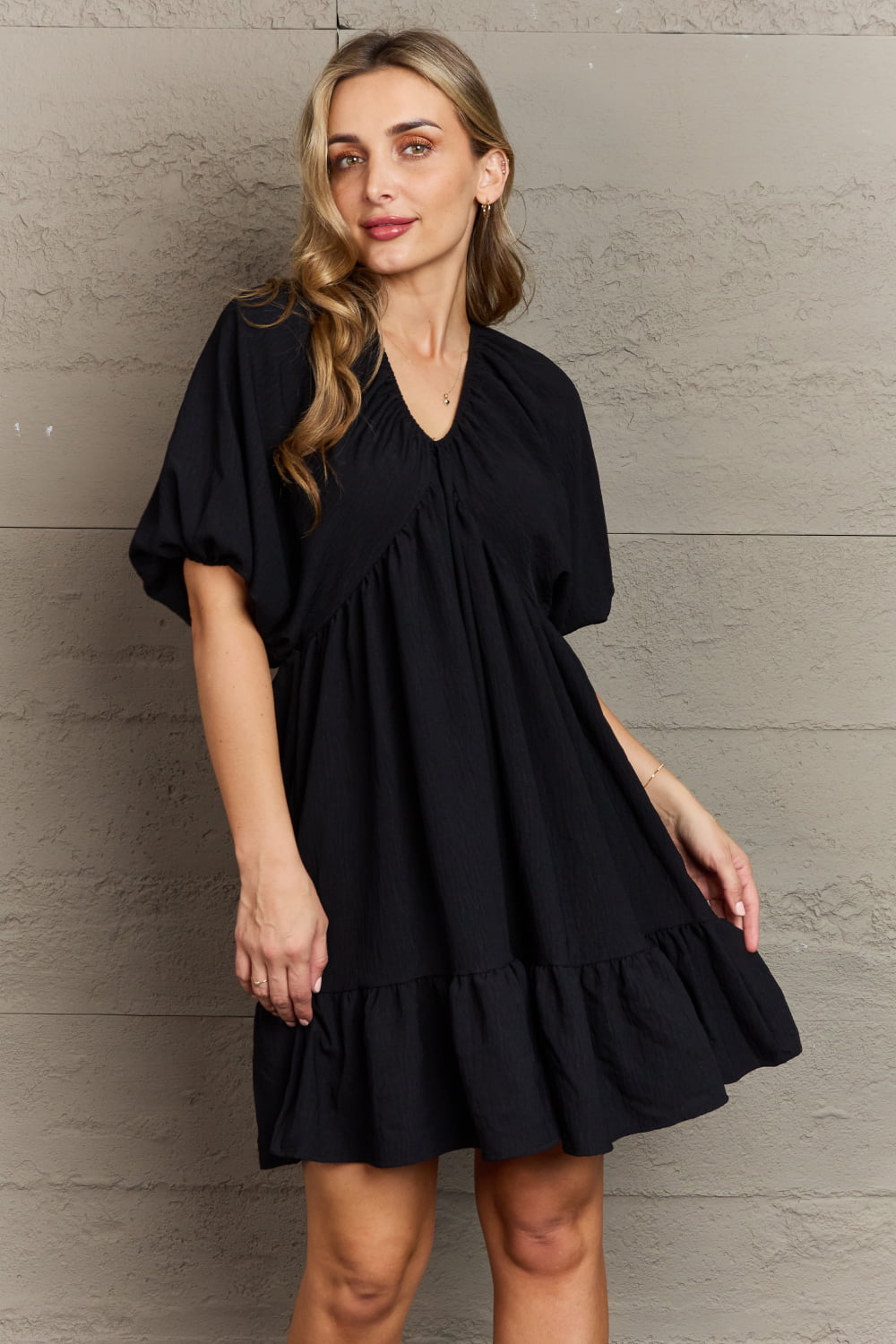 Hailey & Co Comfort Cutie Double V-Neck Puff Sleeve Mini Dress - GemThreads Boutique